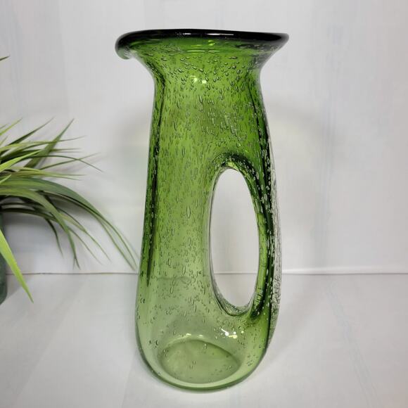 Vintage MCM Green Bubble seeded Art Glass Pitcher Vase Donut Hole Handle - Picture 2 of 5